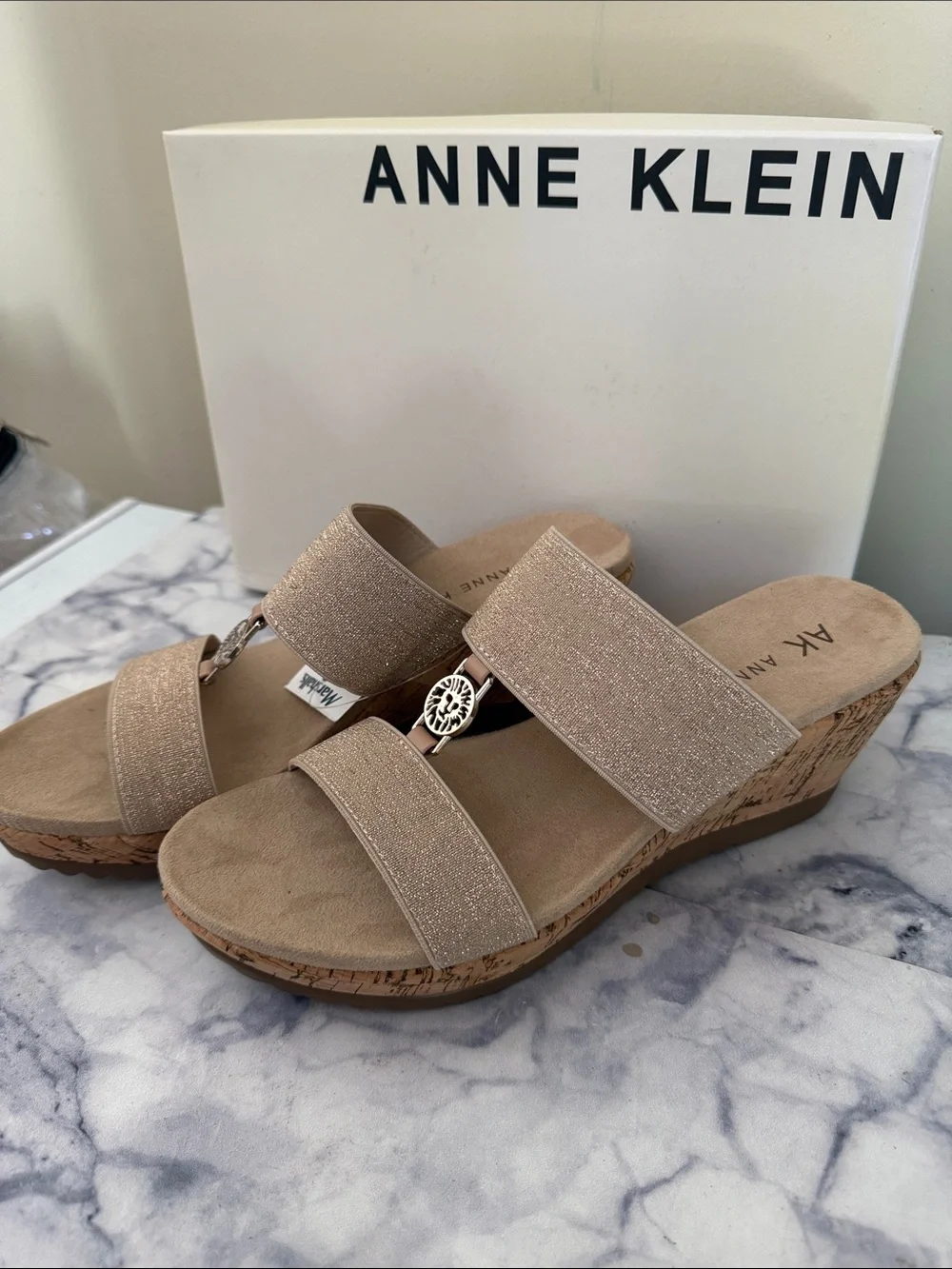 Anne Klein Beige/Tan Sparkle Double‑Strap Wedge Sandals